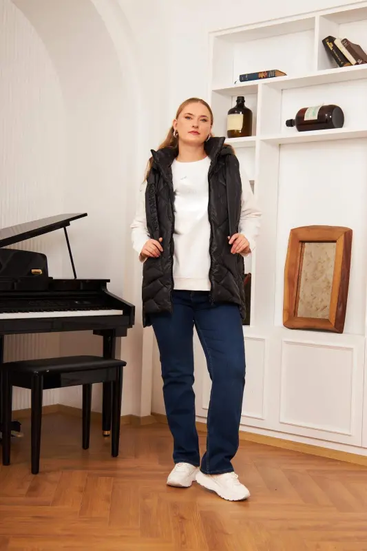 Plus Size Quilted Hooded Vest Black - 6