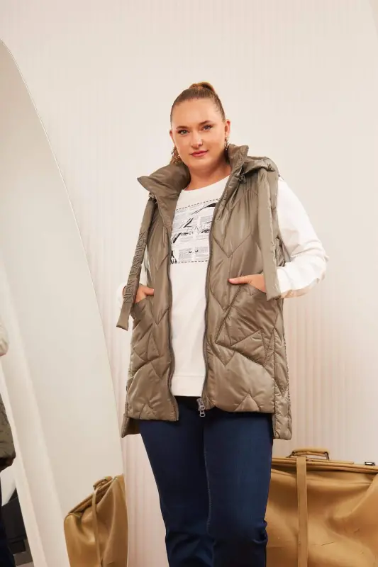 Plus Size Quilted Hooded Vest Khaki - 9