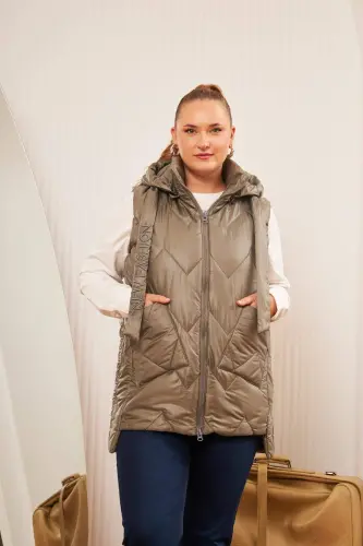 Plus Size Quilted Hooded Vest Khaki - 1