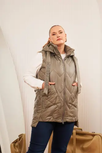 Plus Size Quilted Hooded Vest Khaki - BÜYÜKBEDENIZ (1)