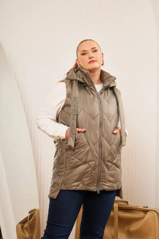 Plus Size Quilted Hooded Vest Khaki - 2
