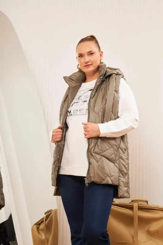 Plus Size Quilted Hooded Vest Khaki - 4