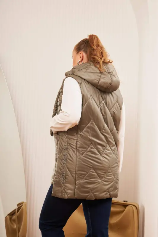 Plus Size Quilted Hooded Vest Khaki - 7
