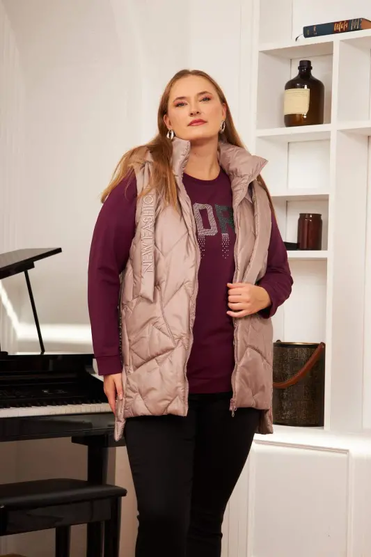 Plus Size Quilted Hooded Vest Mink - 1