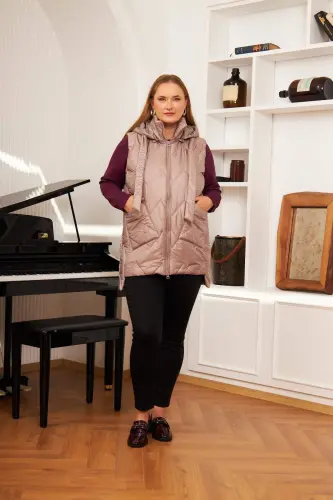 Plus Size Quilted Hooded Vest Mink - BÜYÜKBEDENIZ (1)