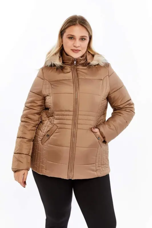 Plus Size Quilted Padded Coat Lined Mink - BÜYÜKBEDENIZ