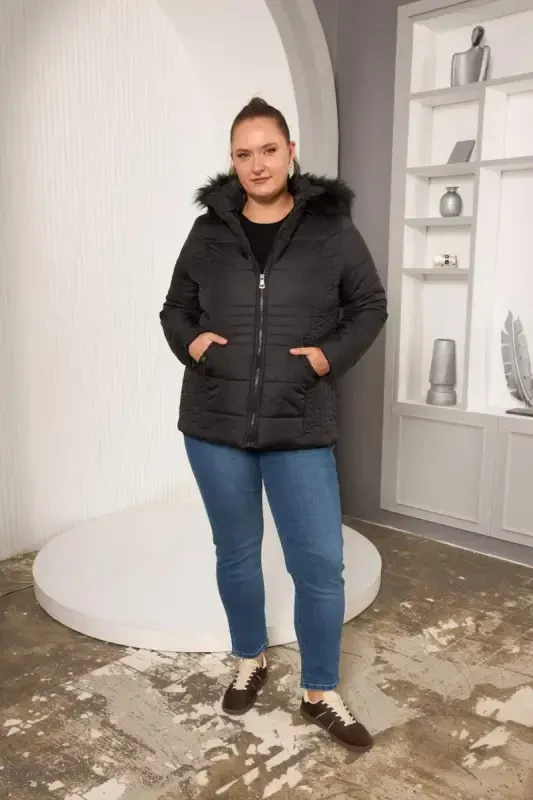 Plus Size Quilted Puffer Jacket Lined Black - 5
