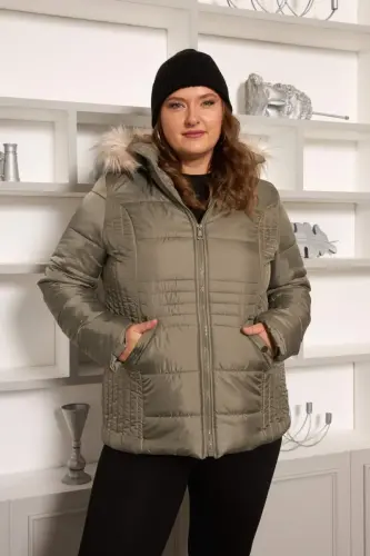 Plus Size Quilted Puffer Jacket Lined Khaki Green - 1