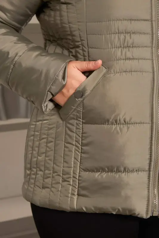 Plus Size Quilted Puffer Jacket Lined Khaki Green - 3