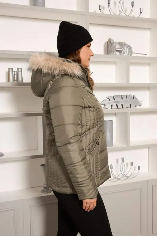 Plus Size Quilted Puffer Jacket Lined Khaki Green - 4
