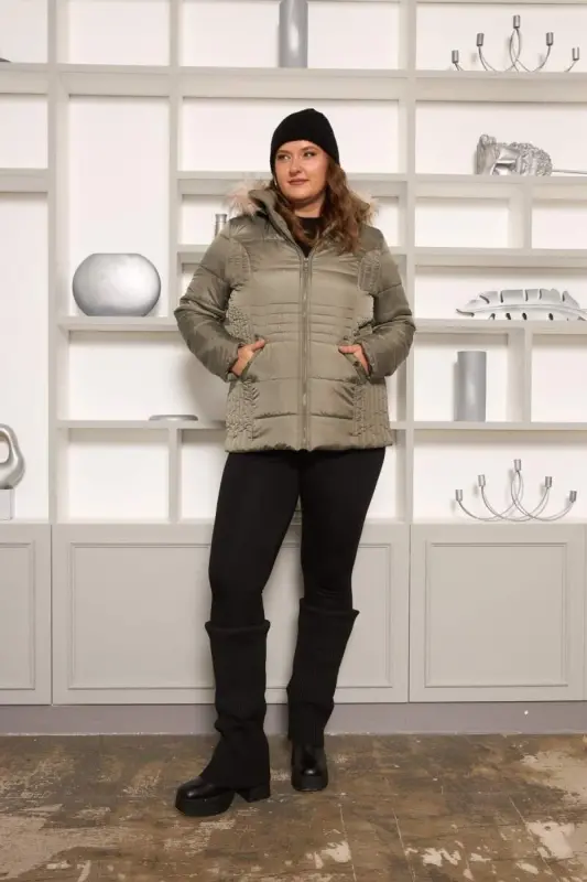Plus Size Quilted Puffer Jacket Lined Khaki Green - 6
