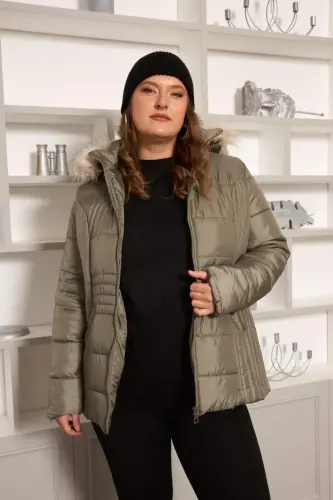 Plus Size Quilted Puffer Jacket Lined Khaki Green - BÜYÜKBEDENIZ (1)