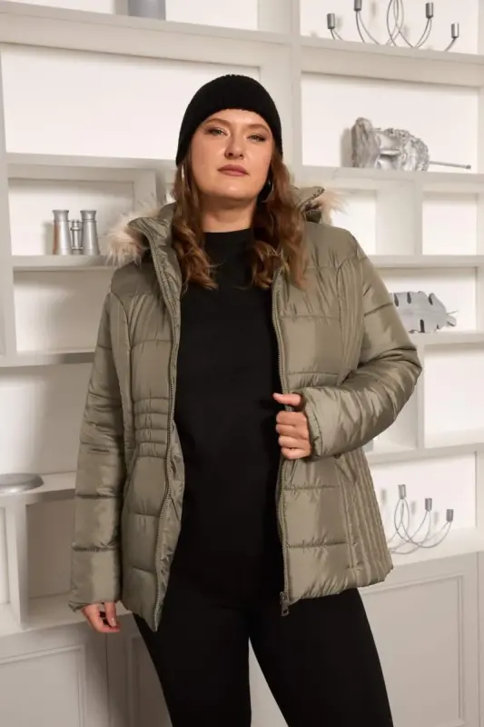 Plus Size Quilted Puffer Jacket Lined Khaki Green - 2