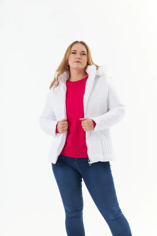 Plus Size Quilted Puffer Jacket Lined White - BÜYÜKBEDENIZ