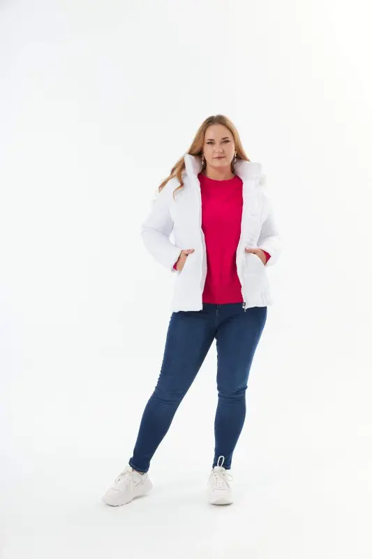 Plus Size Quilted Puffer Jacket Lined White - 10
