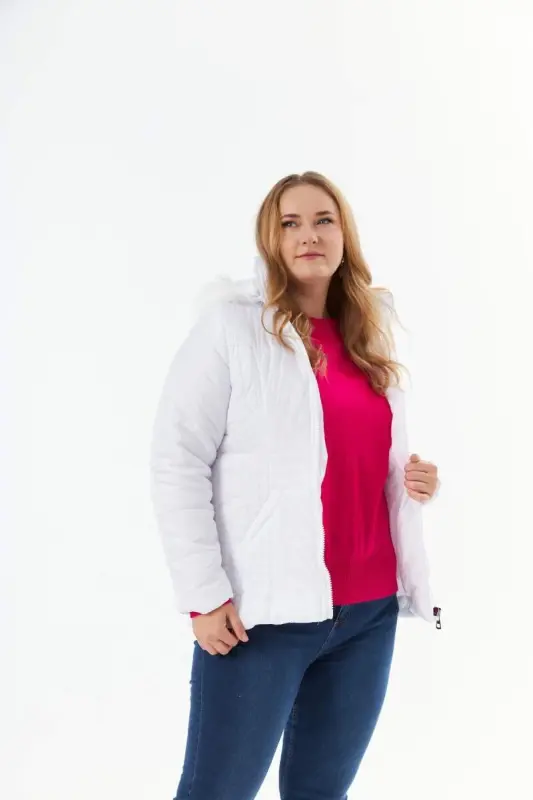Plus Size Quilted Puffer Jacket Lined White - 4