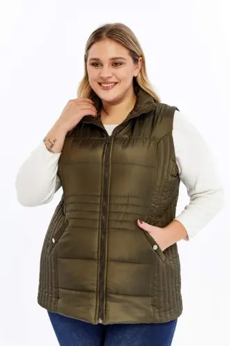 Plus Size Quilted Vest with Pockets Khaki - BÜYÜKBEDENIZ (1)