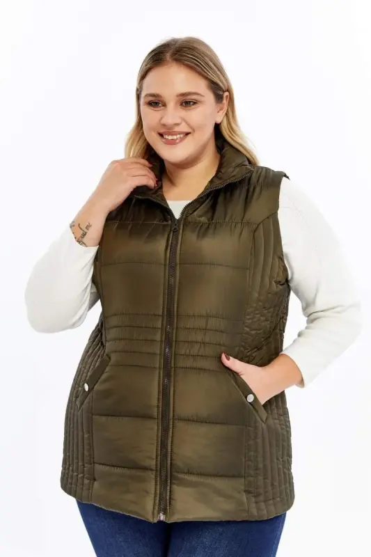 Plus Size Quilted Vest with Pockets Khaki - 2