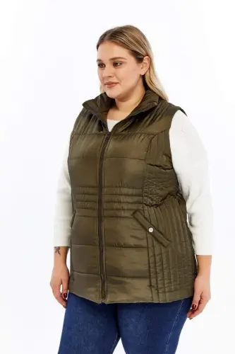 Plus Size Quilted Vest with Pockets Khaki - 4