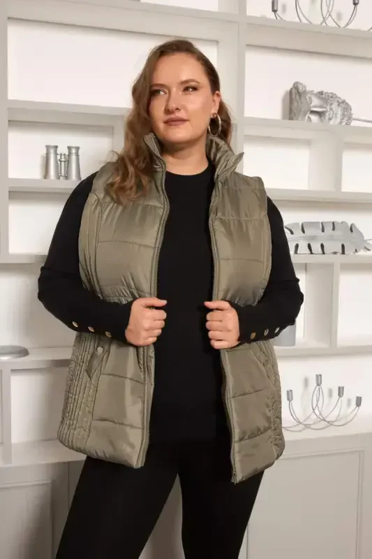 Plus Size Quilted Vest with Pockets Khaki - 1