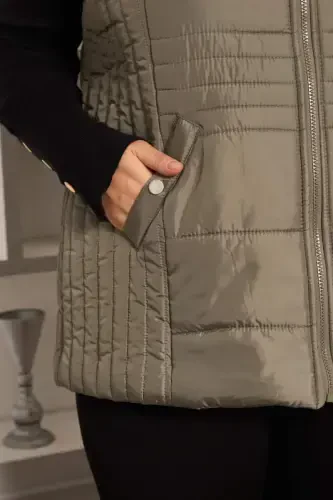 Plus Size Quilted Vest with Pockets Khaki - BÜYÜKBEDENIZ (1)