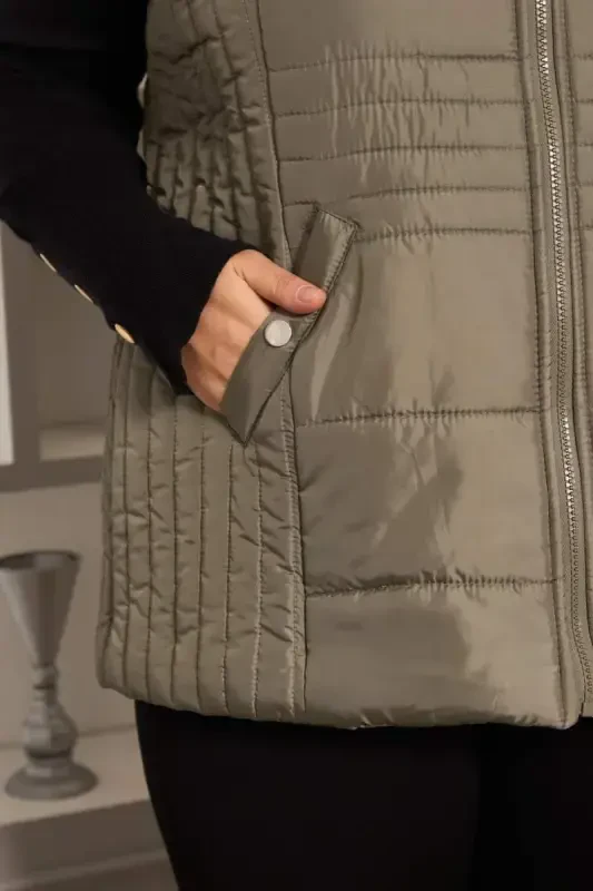 Plus Size Quilted Vest with Pockets Khaki - 2