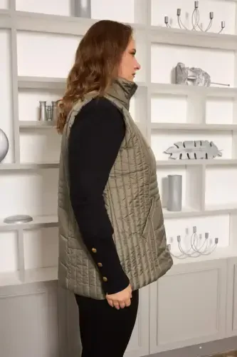 Plus Size Quilted Vest with Pockets Khaki - 3