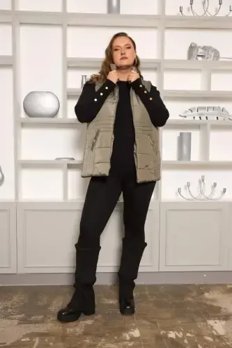 Plus Size Quilted Vest with Pockets Khaki - 4