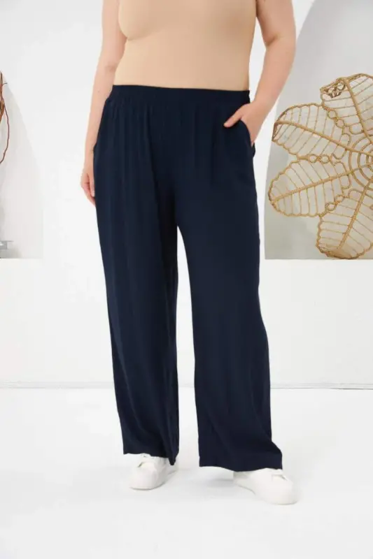 Plus Size Relax Fit Viscose Pants Navy Blue - BÜYÜKBEDENIZ