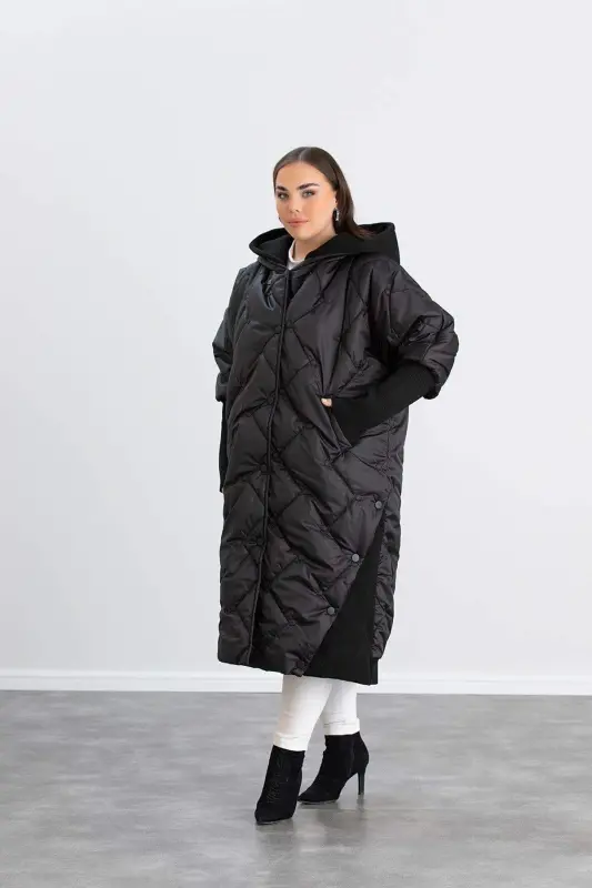 Plus Size Ribbed Sleeve Quilted Coat Black - BÜYÜKBEDENIZ
