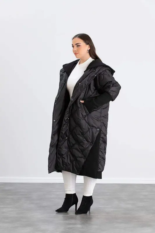 Plus Size Ribbed Sleeve Quilted Coat Black - 2