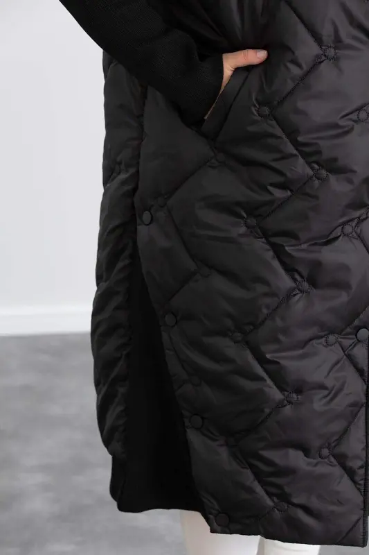 Plus Size Ribbed Sleeve Quilted Coat Black - 3