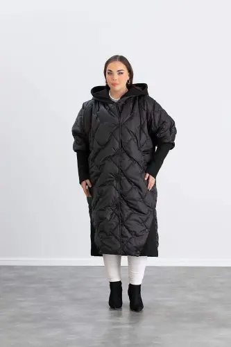 Plus Size Ribbed Sleeve Quilted Coat Black - 4
