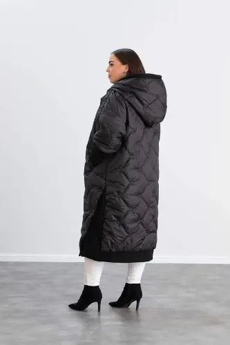 Plus Size Ribbed Sleeve Quilted Coat Black - 5