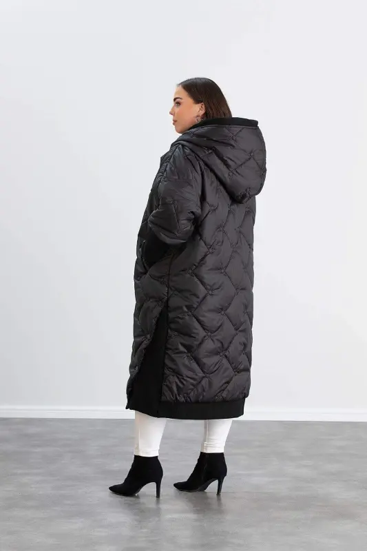 Plus Size Ribbed Sleeve Quilted Coat Black - 5
