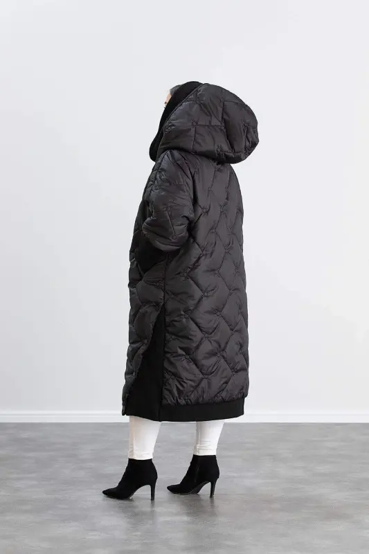 Plus Size Ribbed Sleeve Quilted Coat Black - 6
