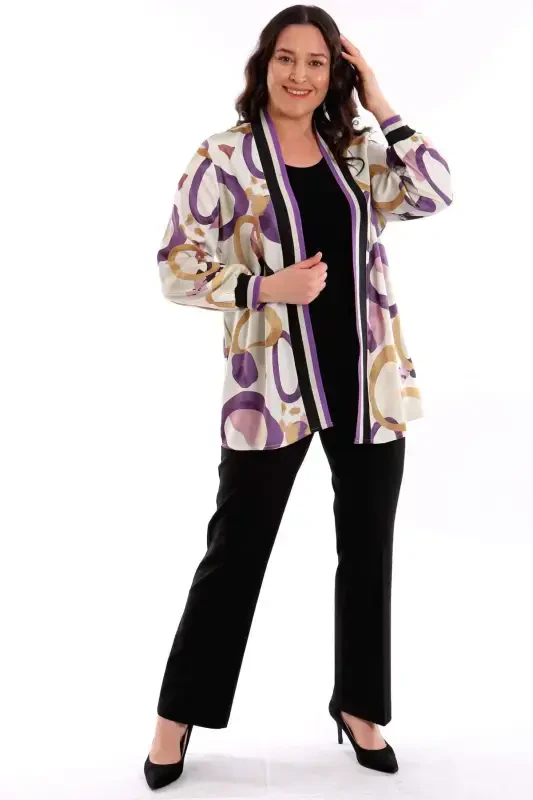 Plus Size Ring Pattern Purple Collar Band Jacket - 1