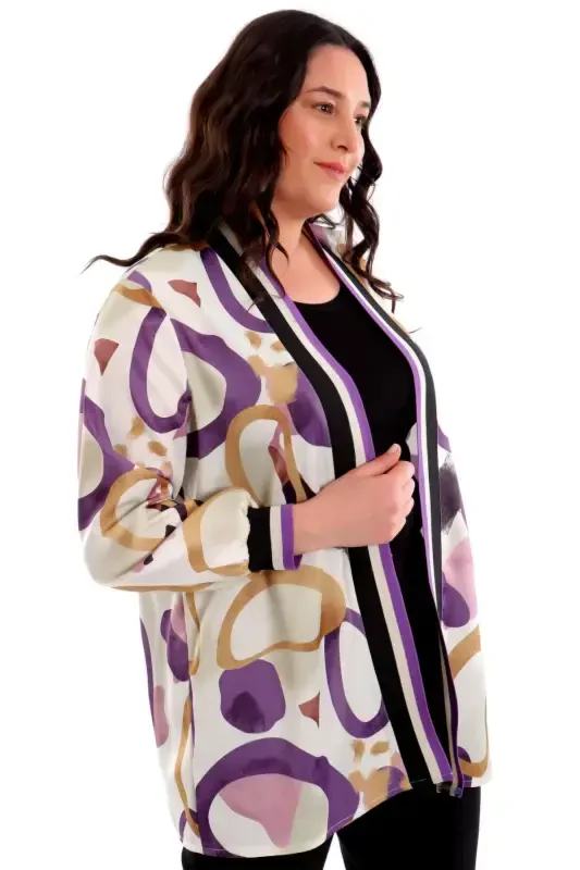 Plus Size Ring Pattern Purple Collar Band Jacket - 3