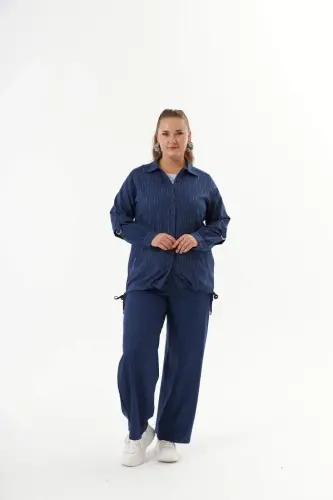 Plus Size Roll-Up Sleeve Suit Shirt Pants Indigo - 1