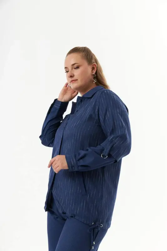 Plus Size Roll-Up Sleeve Suit Shirt Pants Indigo - 7