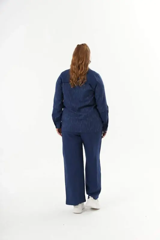 Plus Size Roll-Up Sleeve Suit Shirt Pants Indigo - 8