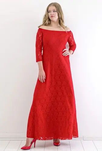 Plus Size Round Neck Full Lace Detail Evening Prom Dress KL8400u Red - BÜYÜKBEDENIZ (1)