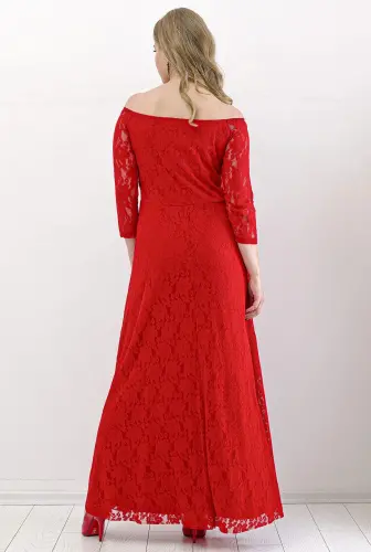 Plus Size Round Neck Full Lace Detail Evening Prom Dress KL8400u Red - 3