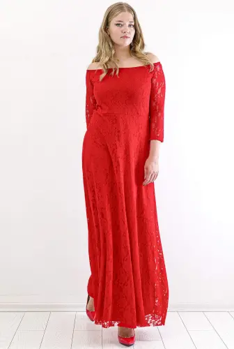 Plus Size Round Neck Full Lace Detail Evening Prom Dress KL8400u Red - 4