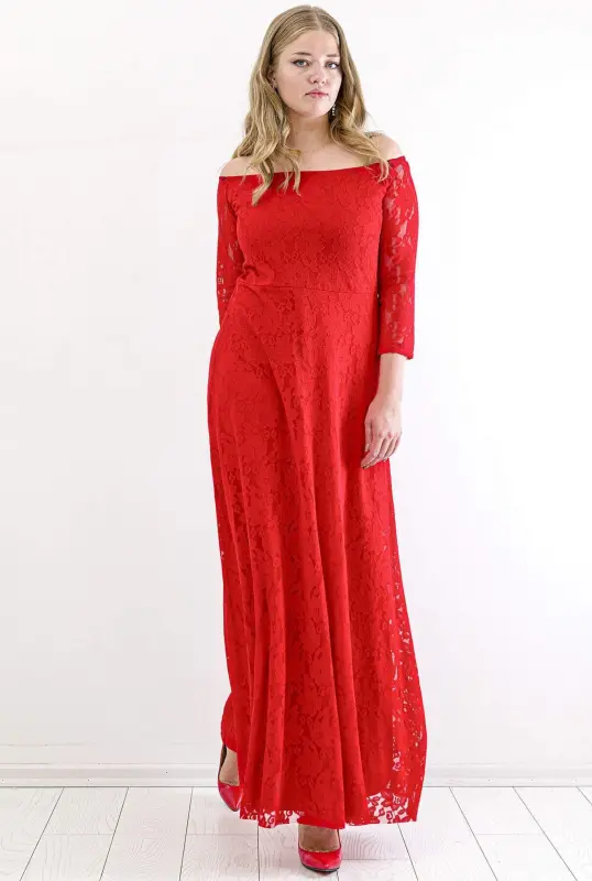 Plus Size Round Neck Full Lace Detail Evening Prom Dress KL8400u Red - 4