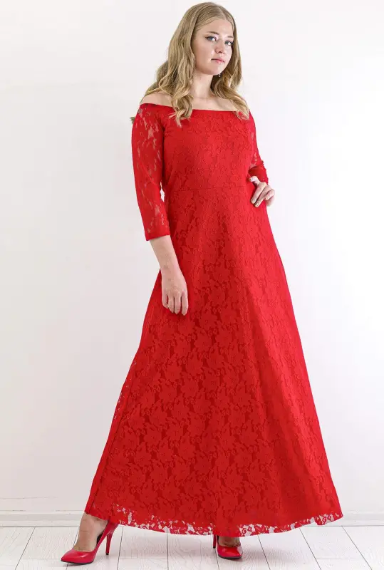 Plus Size Round Neck Full Lace Detail Evening Prom Dress KL8400u Red - 5