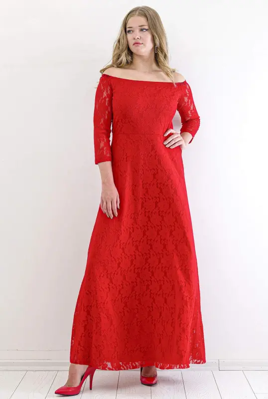 Plus Size Round Neck Full Lace Detail Evening Prom Dress KL8400u Red - 2