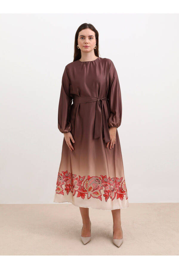 Plus Size Satin Dress - Beige Coffee Gradient Pattern - Alia - 1