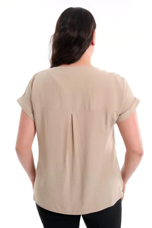 Plus Size Scoop Neck Basic Beige Blouse - BÜYÜKBEDENIZ