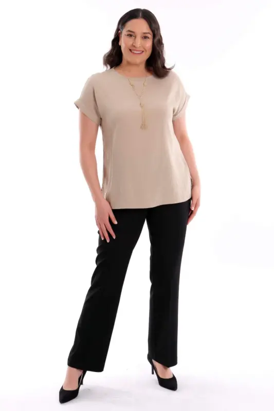 Plus Size Scoop Neck Basic Beige Blouse - 3